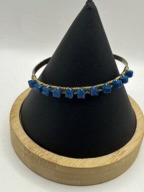 Lapis Lazuli Cube Bead Wire Wrapped Cuff Bracelet Blue Gold Minimalist Aesthetic